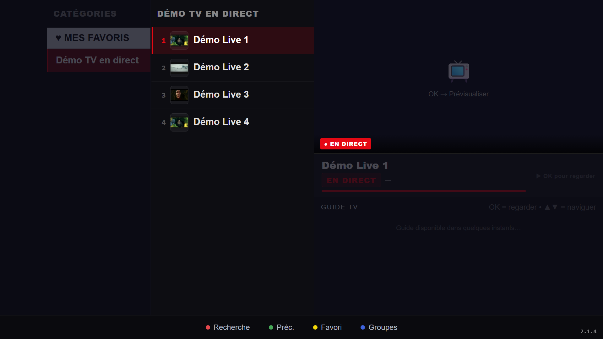 Section Direct de RSKTV Player Pro : colonne des catégories à gauche, liste des chaînes numérotées avec leur logo au centre, panneau de prévisualisation et guide à droite, barre des touches de couleur en bas.